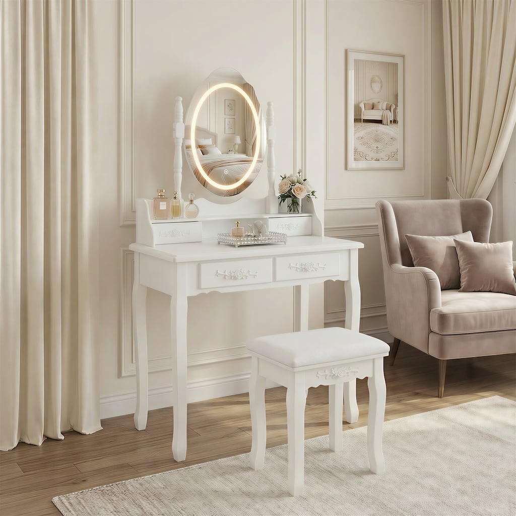 Lighted Princess Vanity Table Set with Mirror & Stool, 4 Drawers & Adjustable LED Light Modes