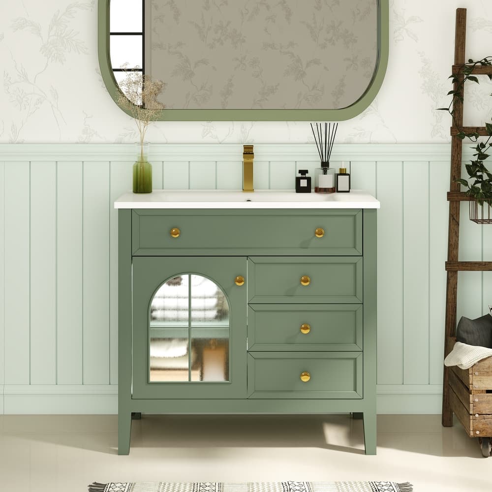 Freestanding 36" Bathroom Vanity Sink Cabinet with Motion-sensor Light Strip, Patterned Glass & Drawers