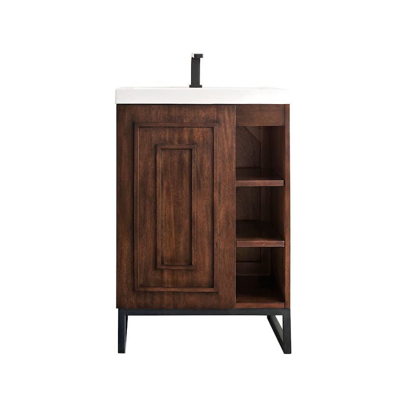 James Martin Vanities Alicante 24" Single Vanity Cabinet, Mid Century Acacia w/ White Glossy Composite Stone Top