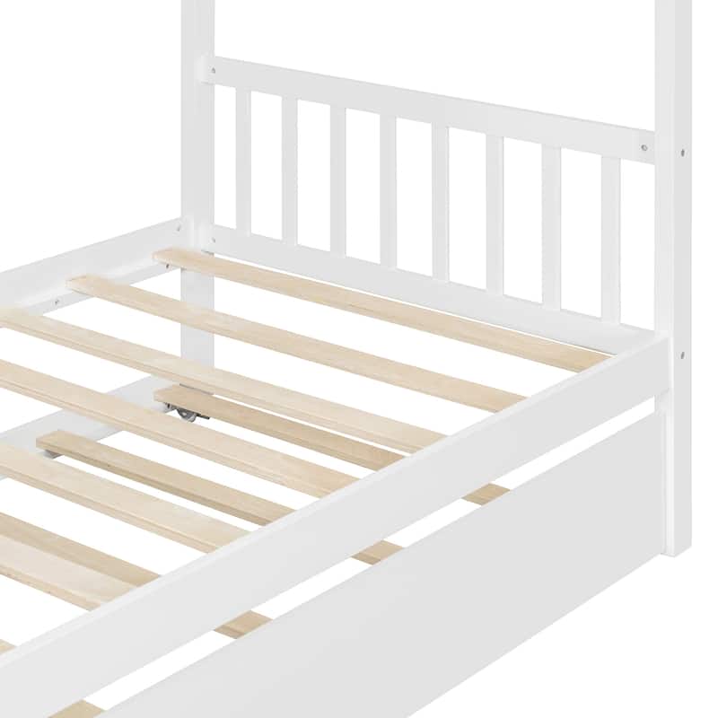 Twin Size Wooden House Bed with Pull-Out Trundle, White