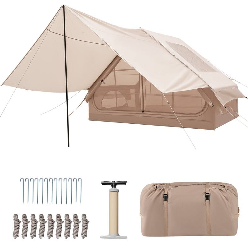 4-6 Person Beige Inflatable Camping Tent with Porch Waterproof Cabin Shelter with Pump and Carry Bag - 116.5 x 81.1 x 78.7 in