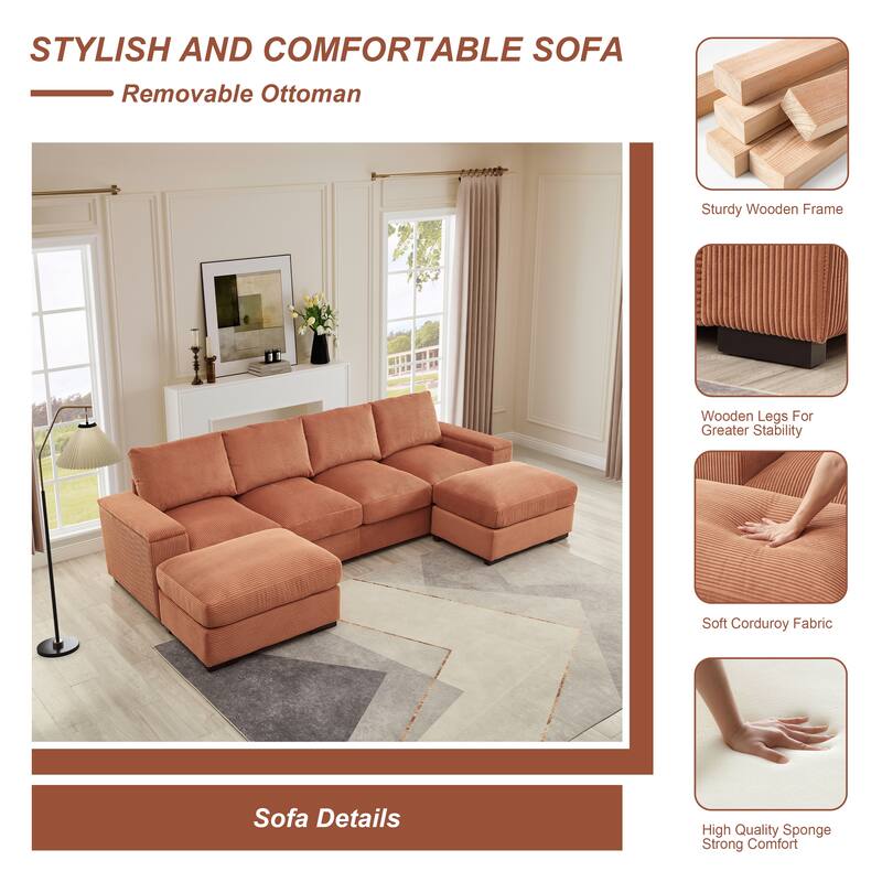 122" Corduroy U-Shaped Sleeper Sectional Sofa with Ottomans & Storage