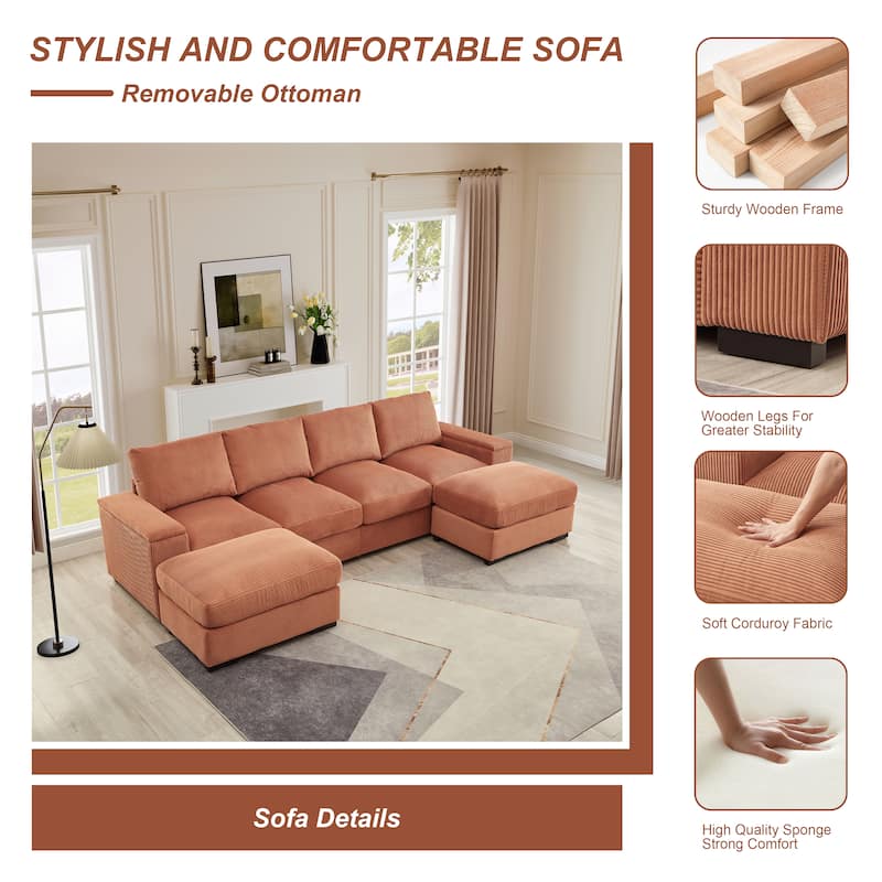 U-Shaped Sectional Sofa with 2 Movable Ottomans, Comfy Corduroy Upholstered 4 Seater Sofa, Lounge Sofa with Storage Armrests - Orange