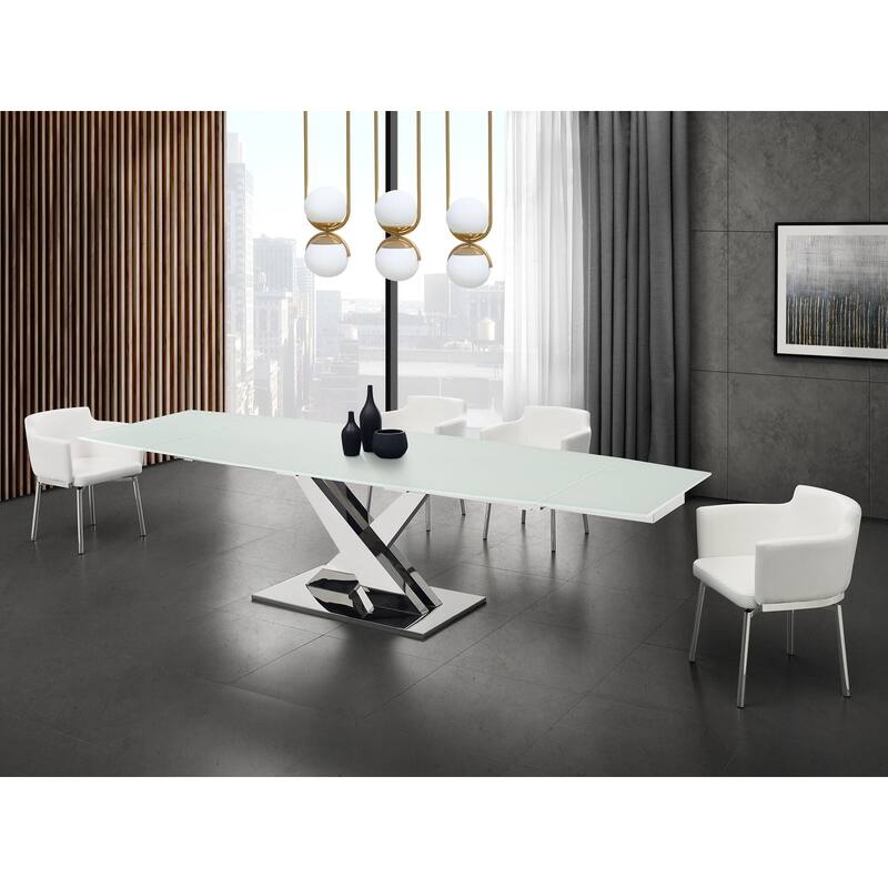 X Base Manual Dining Table with Stainless Base and Clear Top - White