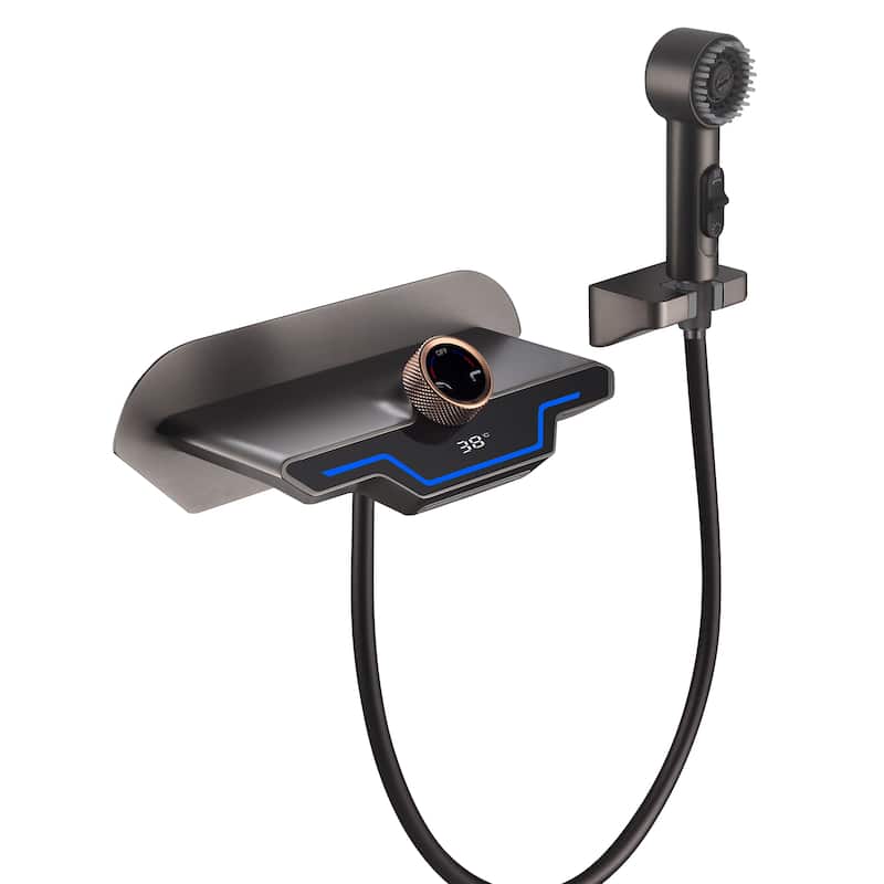 Wall-mounted Brass LED Digital Display Bathroom Faucets With Handheld Shower
