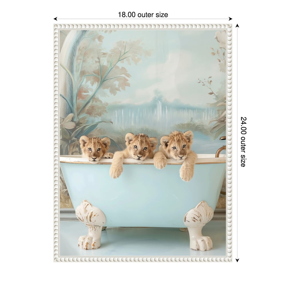 Blue Lagoon Lion Cubs by Niky Rahner Framed Canvas Wall Art