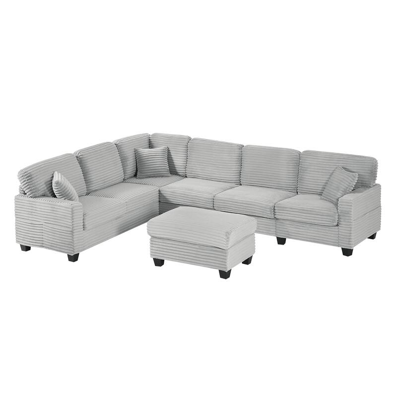U Shaped Sectional Sofa with 1 Movable Ottoman, Corduroy Upholstered 6 Seater Sofa, Corner Sofa with Storage Pockets