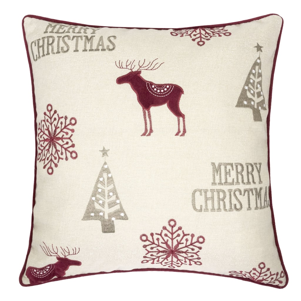 Merry Christmas Embroidered Poly Linen Throw Pillow - 20x20" Holiday Cushion with Reindeer, Trees & Snowflakes