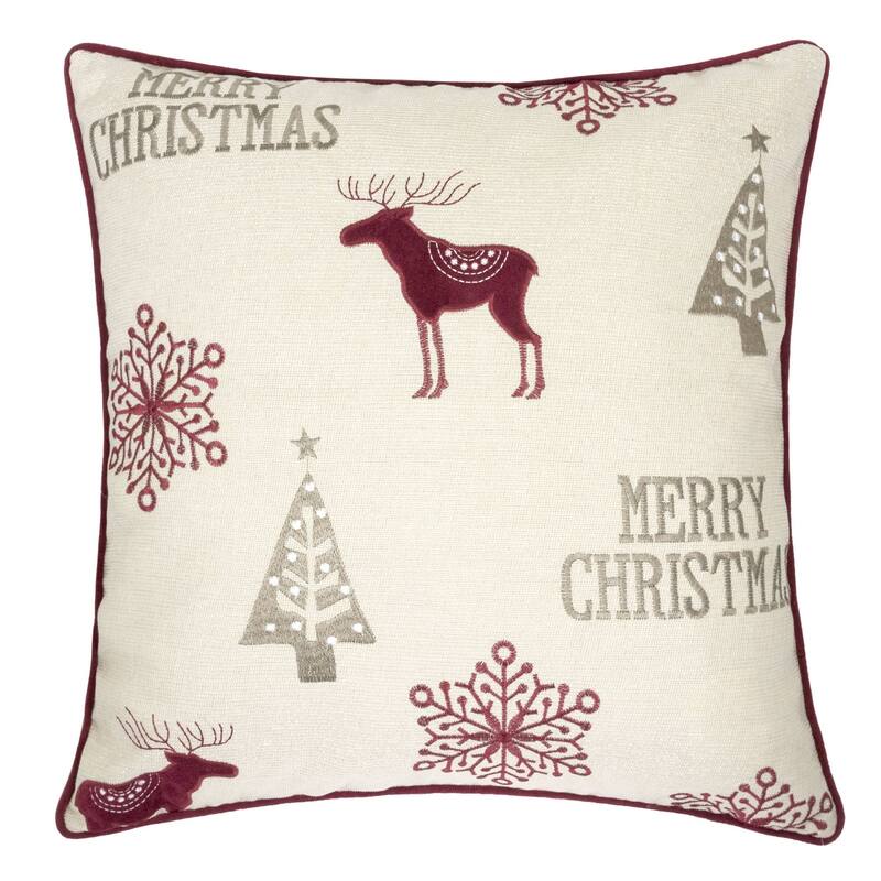 Merry Christmas Embroidered Poly Linen Throw Pillow - 20x20" Holiday Cushion with Reindeer, Trees & Snowflakes - Red