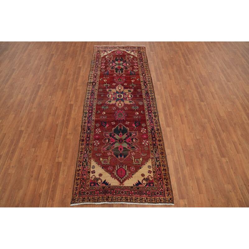 Hand Knotted Oriental 100% Wool Carpet Traditional Geometric Red Heriz Runner Rug - 10' 7'' X 3' 9''