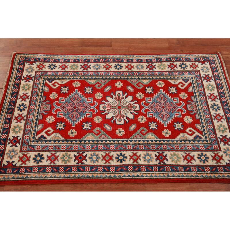 Traditional Kazak Oriental Rug Hand-Knotted Geometric Wool Carpet - 2'8"x 4'0"