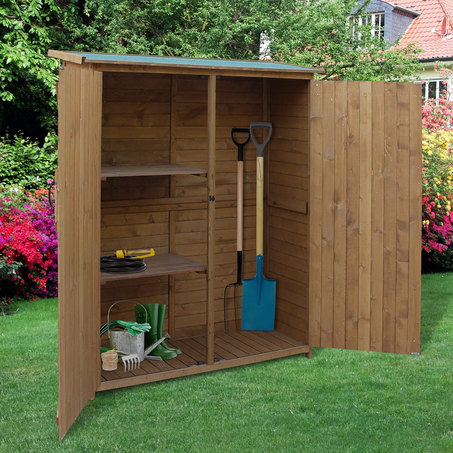 Outsunny Fir Wood Garden Storage Shed with Lockable Doors