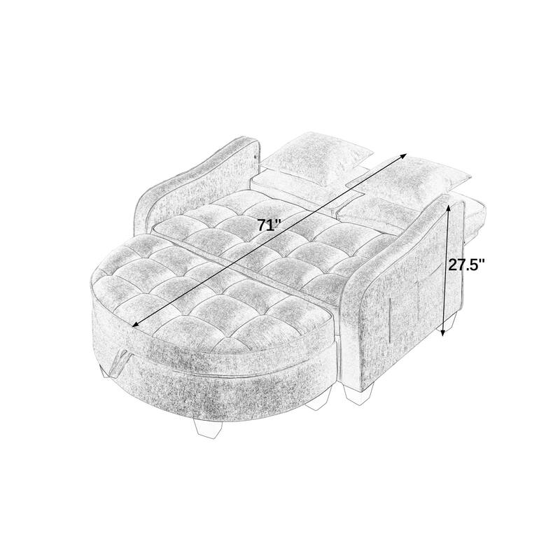 Roomfitters Two-Seater Sofa Chaise with Storage Ottoman, Irregular Armrests and Backrest, Upholstered Sofa with Pillows