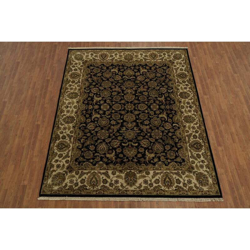 Hand Knotted Oriental 100% Wool Carpet Traditional All-Over Black Agra Area Rug - 9' 10'' X 8' 0''