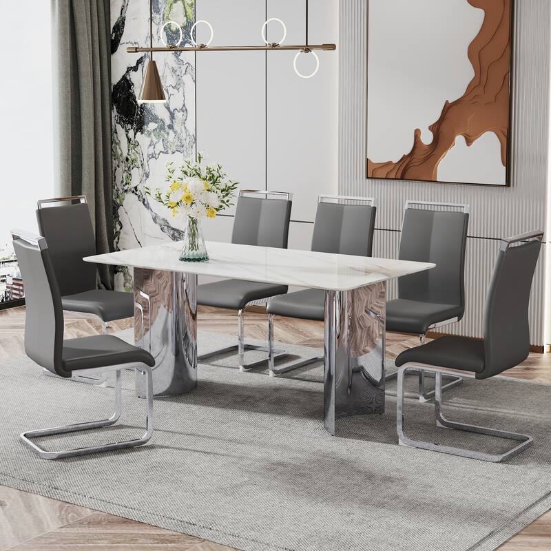 Modern Marble Glass Dining Set with Stainless Steel Legs & PU Chairs