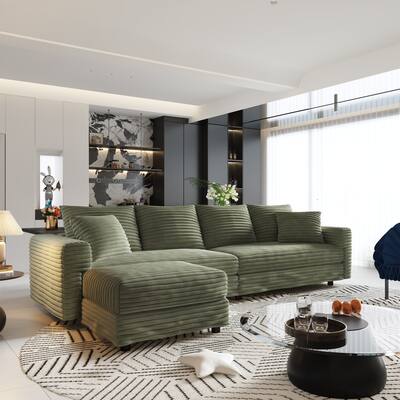 102.4" Corduroy Couch with Ottomans, 4 Seat Convertible Modular Sectional Sofa, Upholstered Couches with Pillows for Living Room