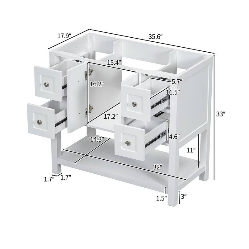 36'' Freestanding Bathroom Vanity with Undermount Sink, 4 Drawers and Soft Closing Doors