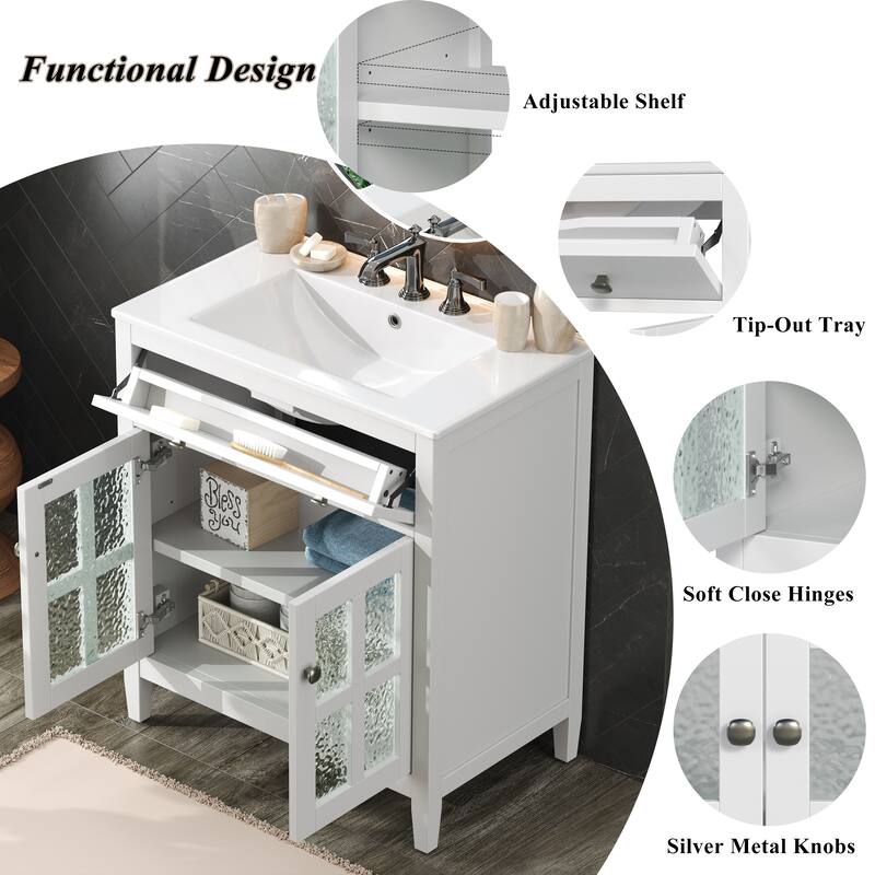 30" Storage Cabinet with Glass Doors, Bathroom Vanity with Ceramic Sink, Adjustable Shelf, Tip-Out Tray and Silver Metal Knobs