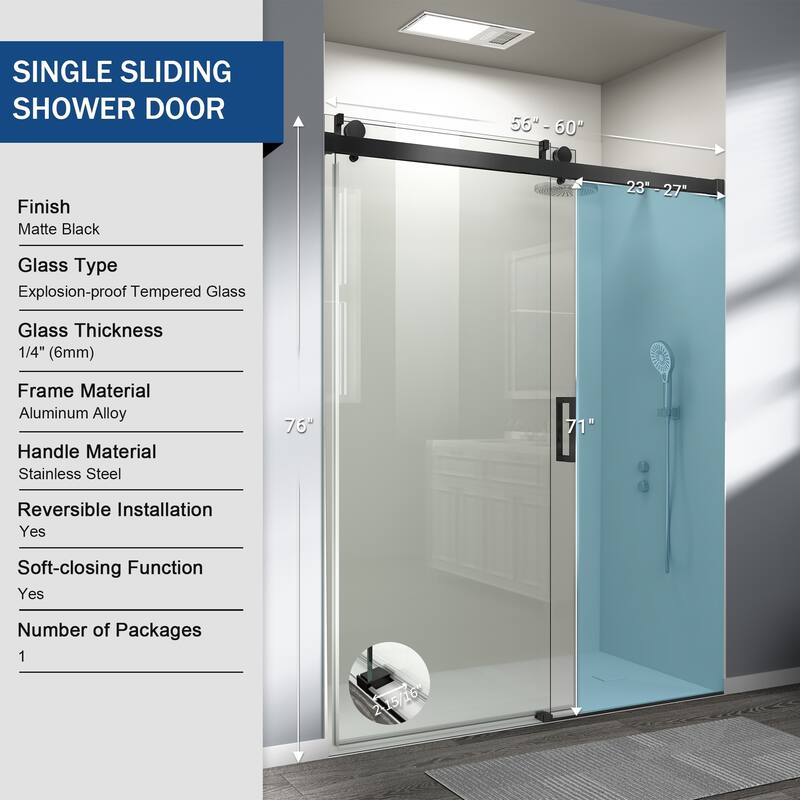 ABRUZZO 56-60" W x 76" H Frameless Soft-Closing Single Sliding Shower Door 1/4" (6mm) Explosion-Proof Tempered Glass