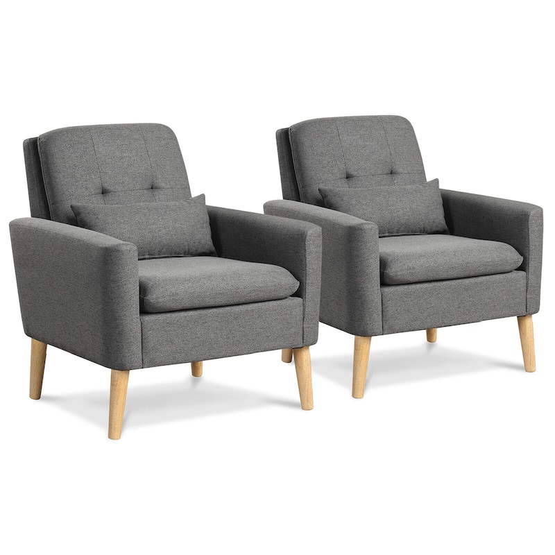Gymax 2PCS Mid-century Accent Chair Linen Fabric Reading Armchair w/ - Grey