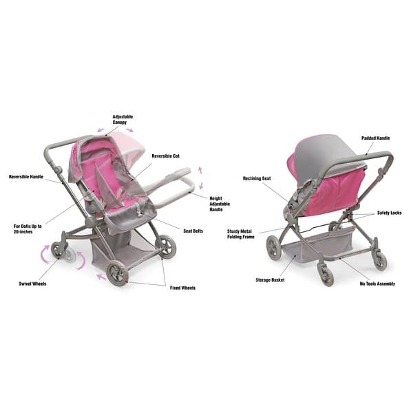 dimension image slide 1 of 2, Badger Basket Voyage Twin Carriage Doll Stroller - Gray/Pink