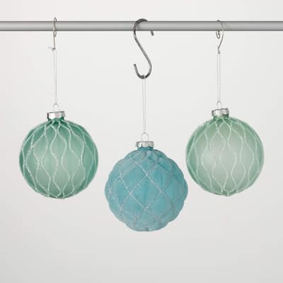 4"H Sullivans Christmas Patterned Aqua Ball Ornament Set of 3, Blue