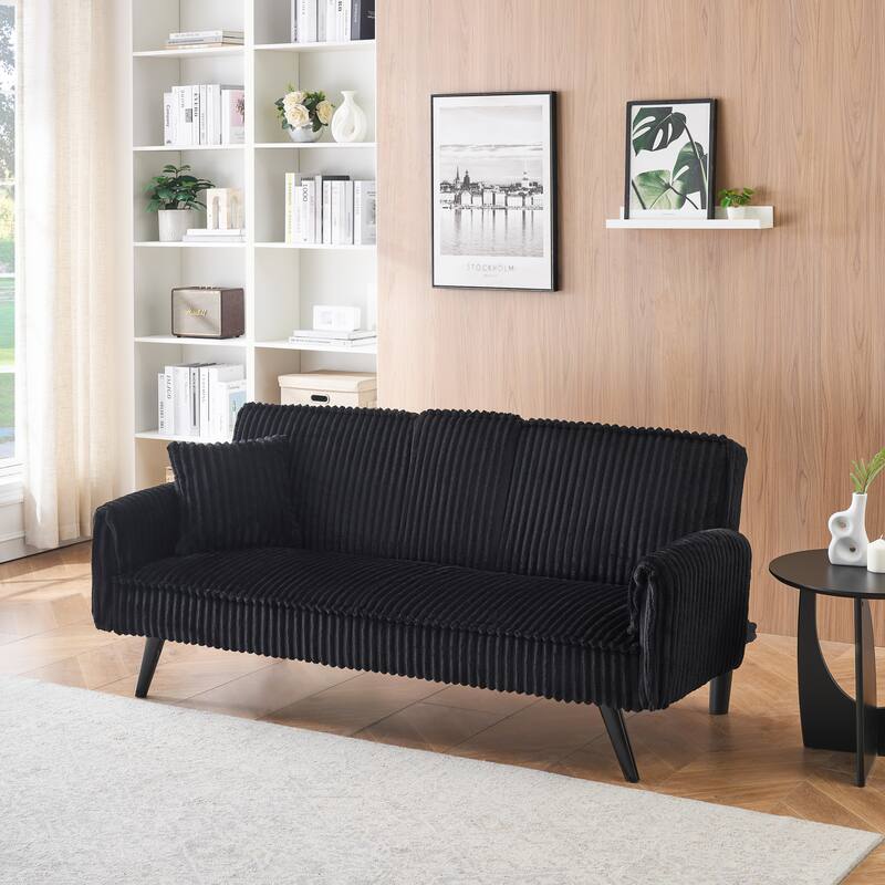 Black Corduroy Sofa for Living Room and Bedroom with Adjustable Backrest and Cup Holder
