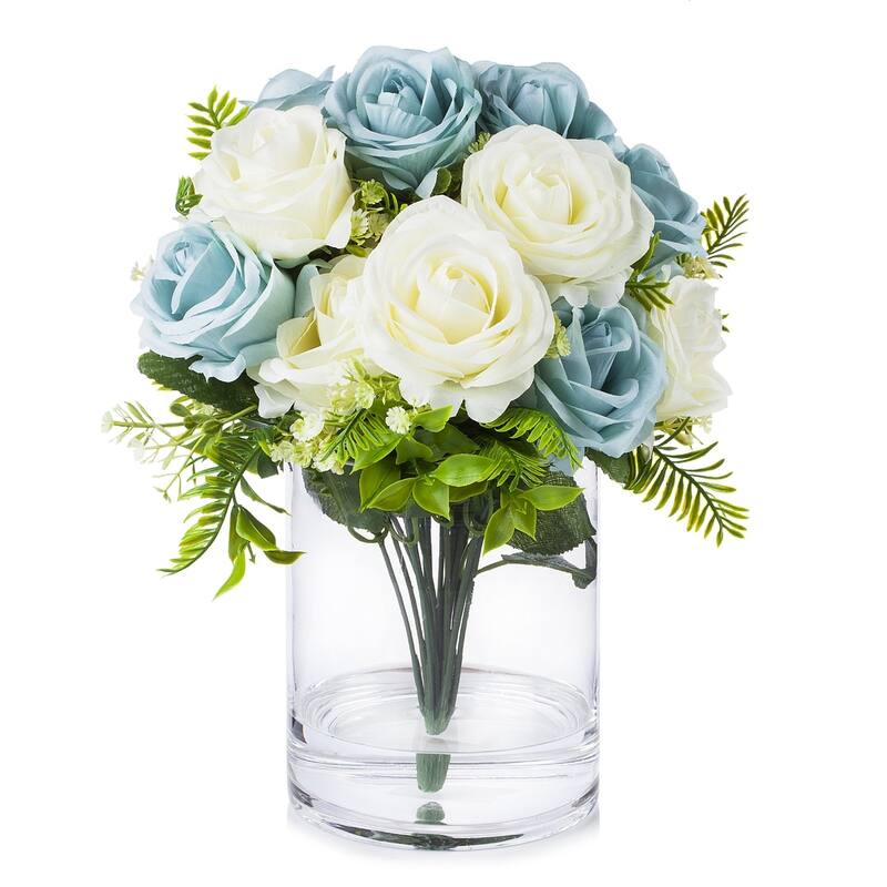 Enova Home Artificial 18 Heads Silk Roses Fake Flowers in Clear Glass Vase with Faux Water for Home Decoration - Blue Cream