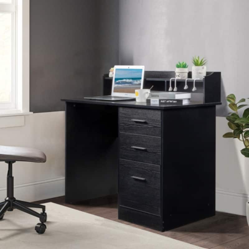 Three-drawers Wood Grain Particleboard Computer Desk - Black