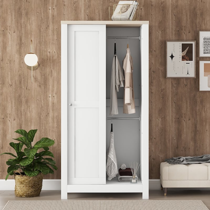 Roomfitters Sliding Door Wardrobe with Hanging Rods, Open Storage Shelves and Modern Panel Design, White
