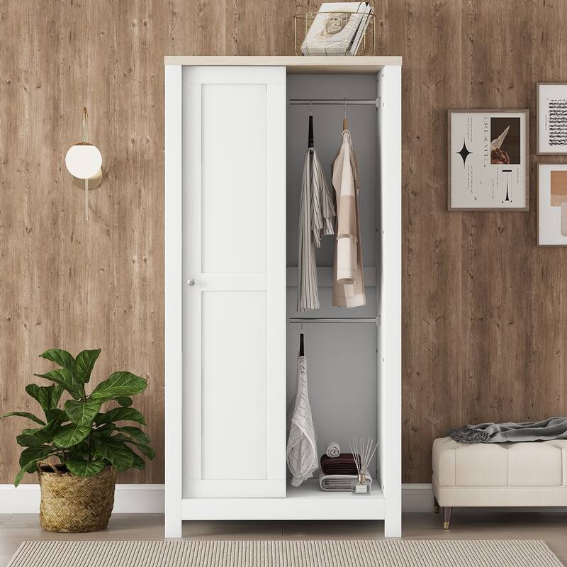 Storage Wardrobe with Hanging Rods and 2 Drawers and Open Shelves - N/A