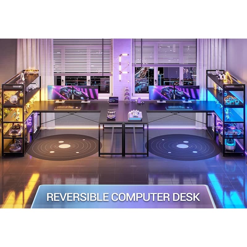 L Shaped Desk Gaming Desk 3 Fabric Drawers 5 Storage Shelves