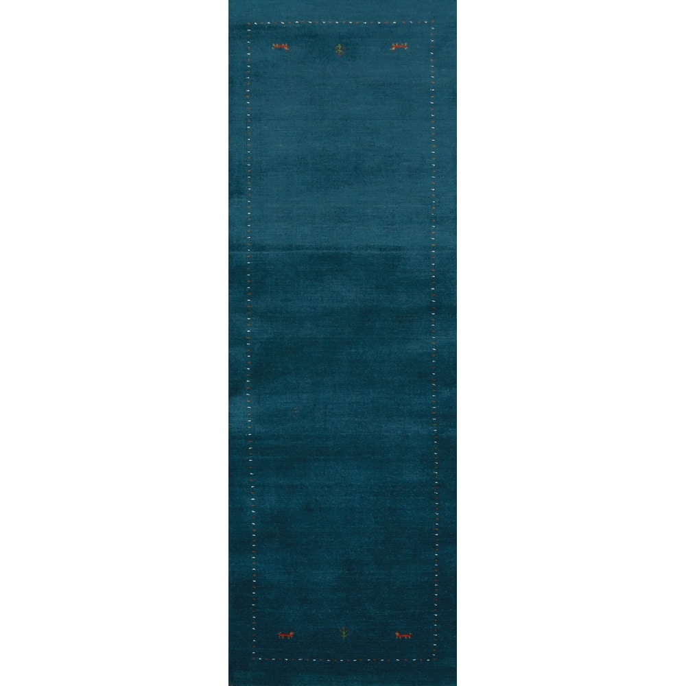 Hand Knotted Oriental 100% Wool Carpet Tribal Tribal Navy Blue & Blues Gabbeh Runner Rug - 9' 9'' X 2' 7''