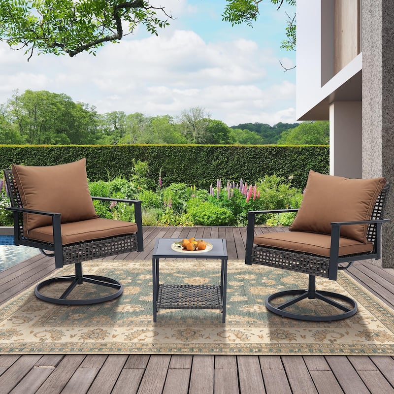 Ainfox 3 Pieces Patio Outdoor Furniture Set with Coffee Table, PE Wicker Swivel Rocking Chairs - Brown
