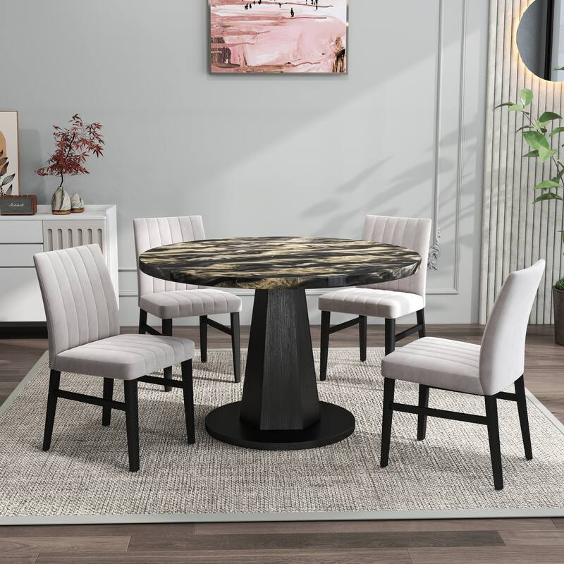 Roundhill Furniture Cavira 5-Piece Round Modern Dining Set - Black and Gold Table + 4 Tan Chairs