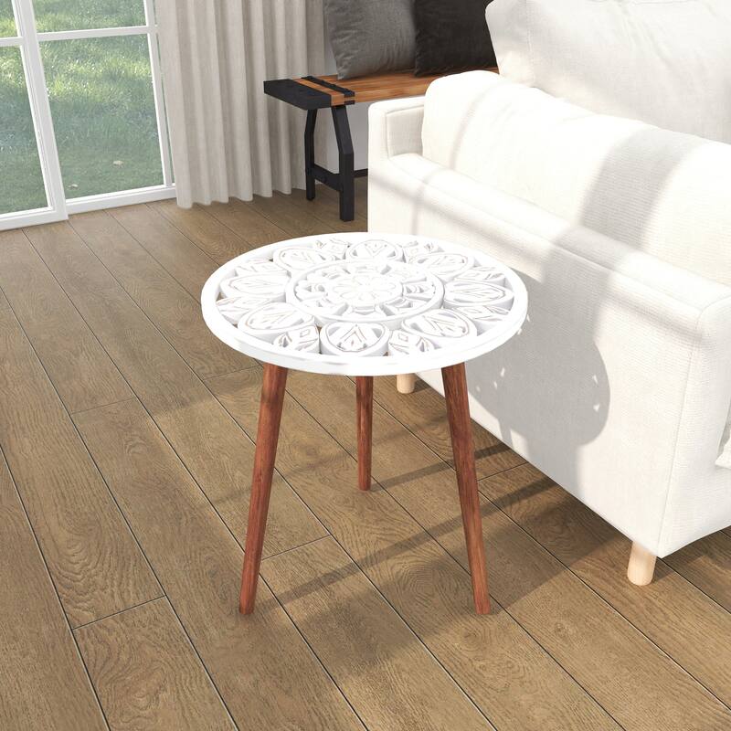 Mango Wood Handmade Intricately Carved Floral Accent Table with Tripod Legs - Dark Brown, White, Brown
