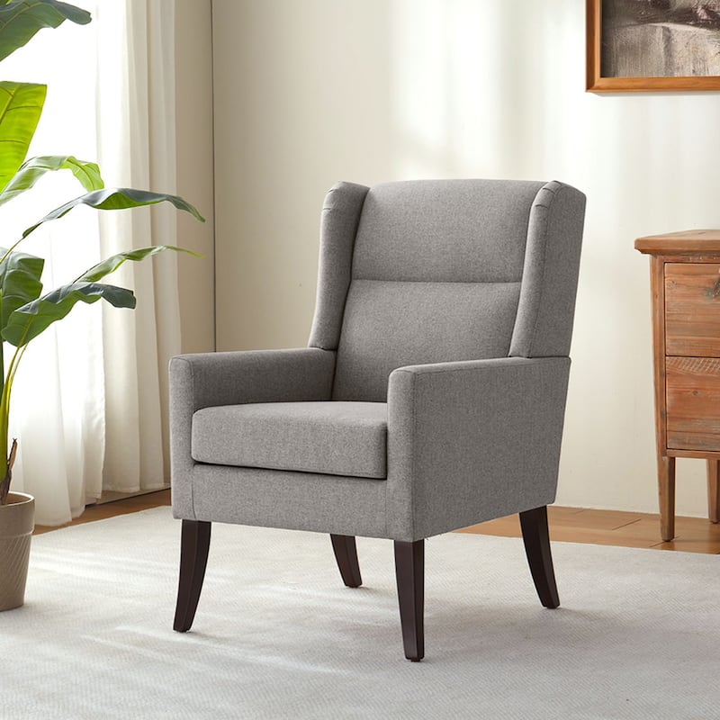 Set of 2 Modern Upholstered Accent Chairs with High Back and Wooden Legs – Grey/Beige/Brown