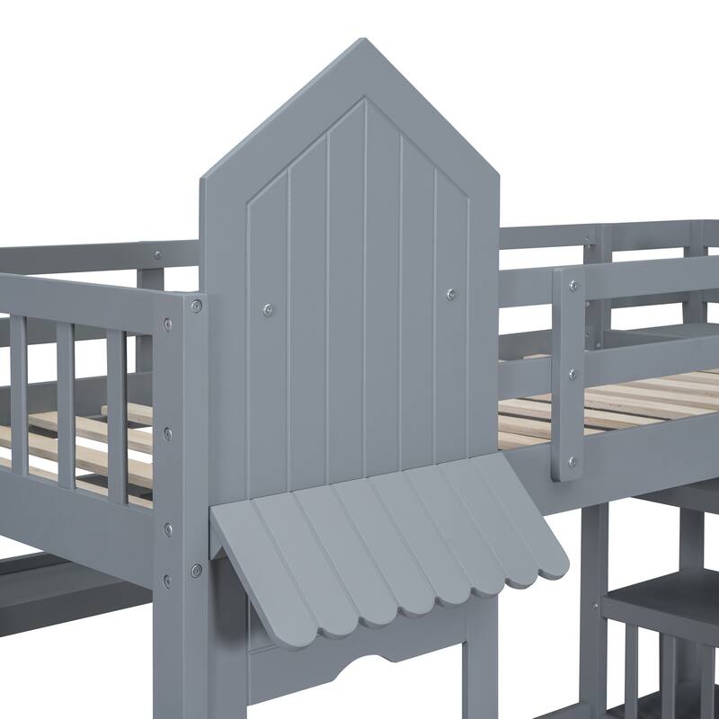 Gray Twin over Twin Size Solid Wood Castle Style Bunk Bed with Drawers and Slide