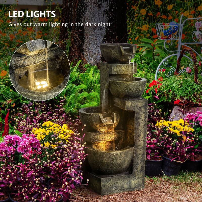 Outsunny Outdoor Fountain with 4-Tier Stacked Stone Look Bowls, Cascading Waterfall, Adjustable Flow & LED Lights
