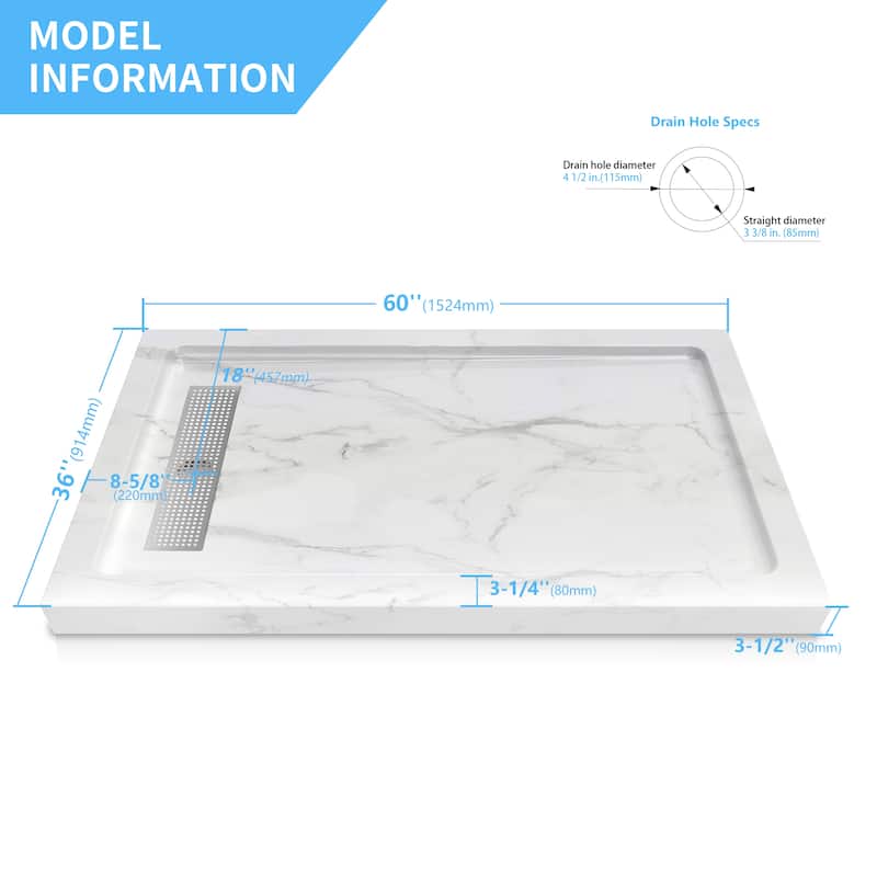 i-Homare 36" X 60" Rectangular Shower Base with Side Trench Drain and 3 Aluminium Flanges,Including Drain Cover