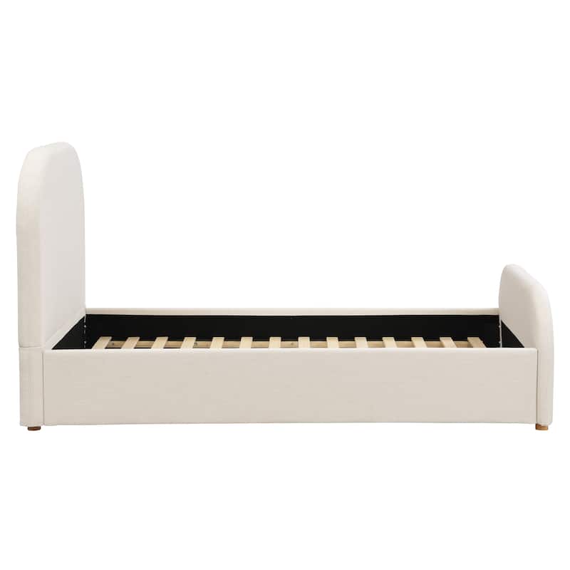 Beige Linen Upholstered Bed Curved Headboard Wingback Frame Low Profile Platform Bed