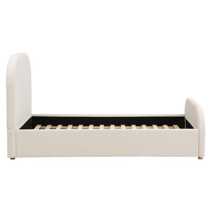 Twin Size Bed Frame with Linen Upholstered Headboard, Solid Wood Legs, Beige