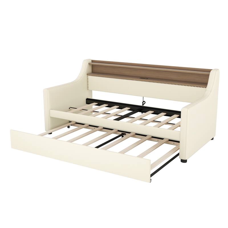 Twin Size Upholstered Daybed with Trundle, Charging Station, and LED Lights in White