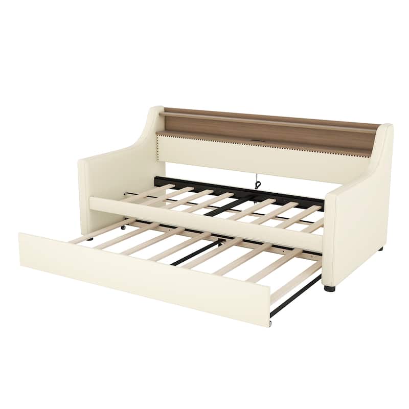 Twin Size Upholstered Daybed with Trundle,Charging Station and LED Lights