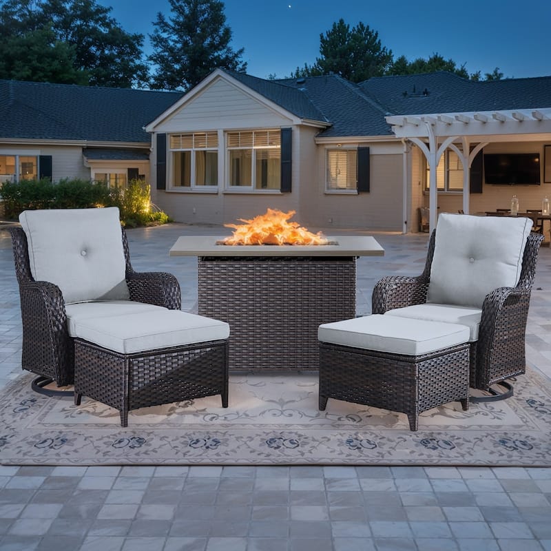 Outdoor Swivel Chair Ottoman Set with Fire Pit Table - Brown - Beige - Brown