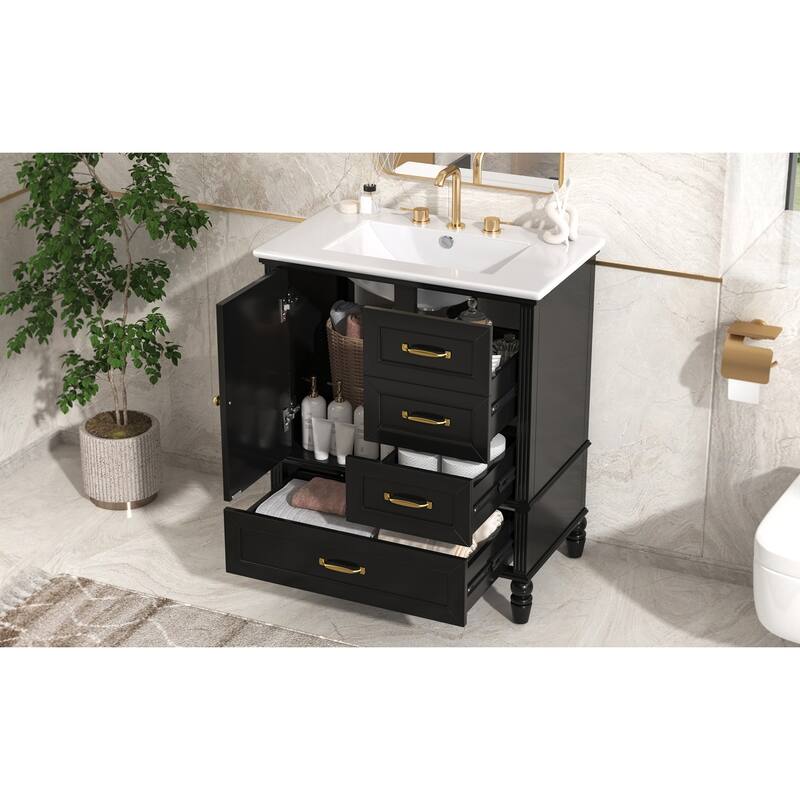30" Bathroom Vanity wCeramic Sink, Cushioning Door & Drawers, Solid Wood Legs & MDF Board, Adiustable Foot Pads Bathroom Cabinet