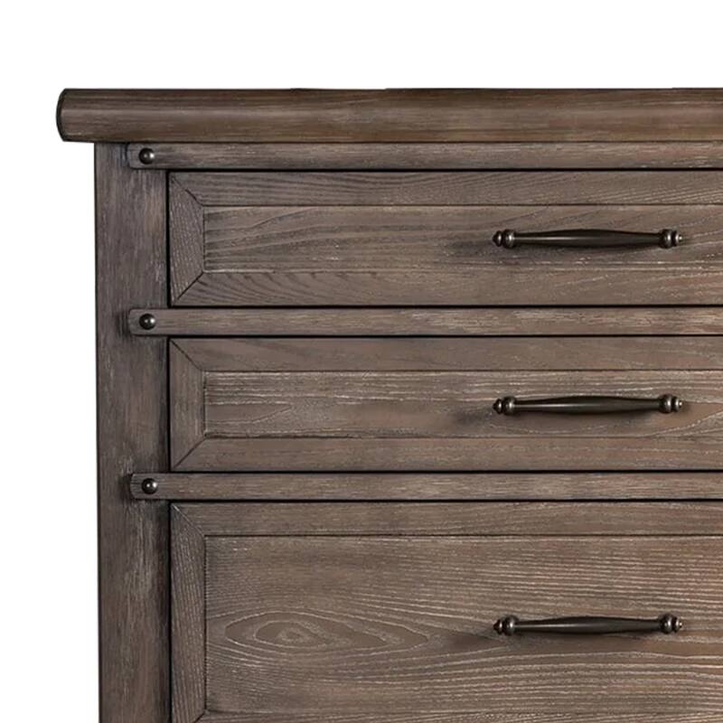 Merry Tall Dresser Chest, 5 Drawers, Brown Solid Wood, Bronze Metal