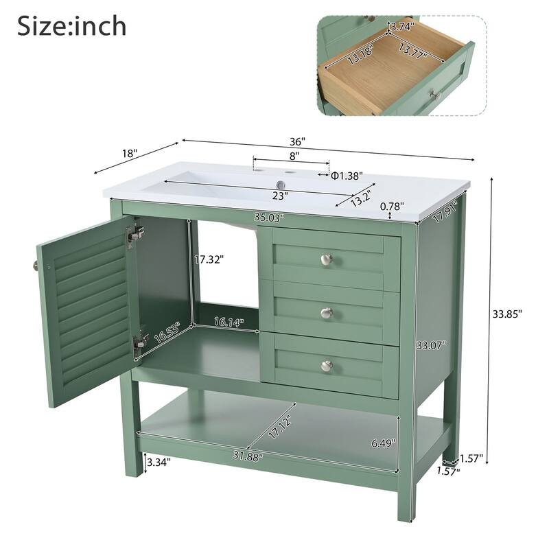 36 inch MDF Freestanding Bathroom Vanity Set in Green with Integrated Resin Sink