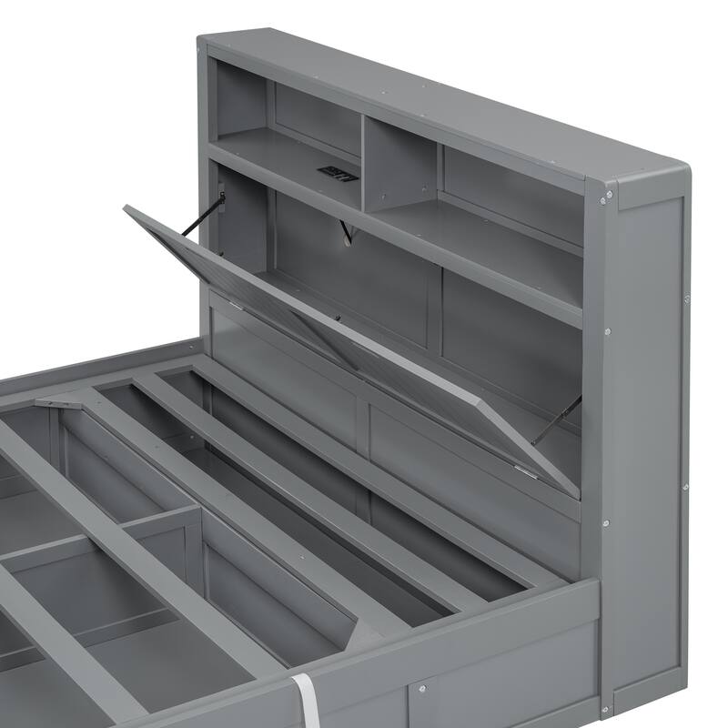 Full/Queen Size Lift Up Storage Bed with 2 Drawers, Wood Hydraulic Platform Bed with LED Storage Headboard and Charging Station