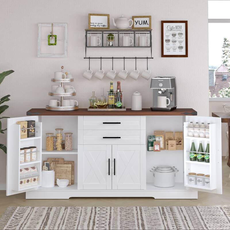 Farmhouse Storage Cabinet Buffet Sideboard with Barn Doors, 2 Drawers, Adjustable Shelves & Door Racks, Coffee Bar Console